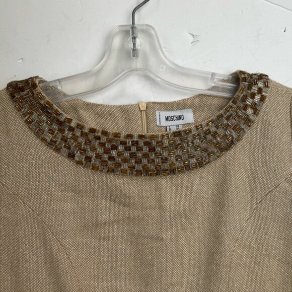 Moschino Vintage Y2K Beaded Gold A Line Mini Dress Metallic Wool Cotton Neutral - Picture 9 of 16